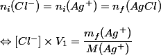 n_i(Cl^-) = n_i(Ag^+) = n_f(AgCl)
 \\ 
 \\ \Leftrightarrow [Cl^-] \times V_1 = \dfrac{m_f(Ag^+)}{M(Ag^+)}